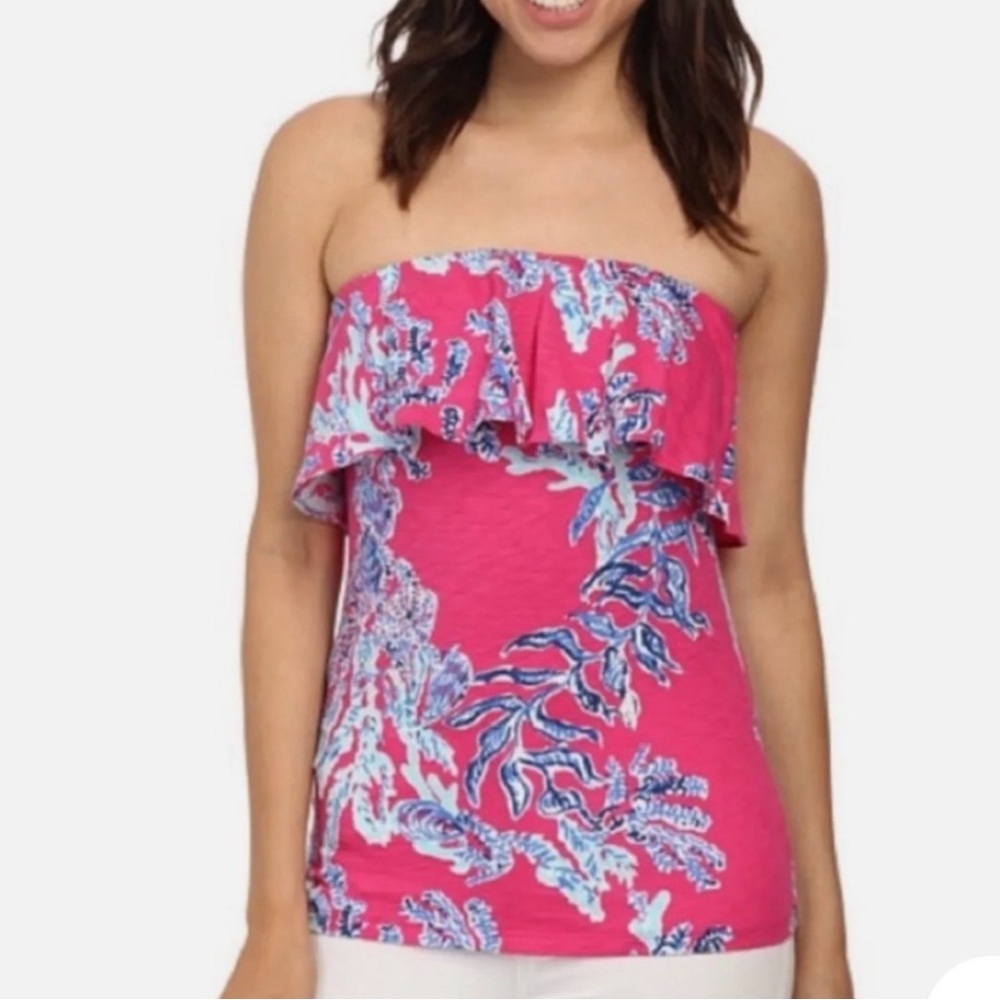 Lilly Pulitzer Wiley Ruffle Tube Top Capri Pink Samba Cotton Strapless Sz M